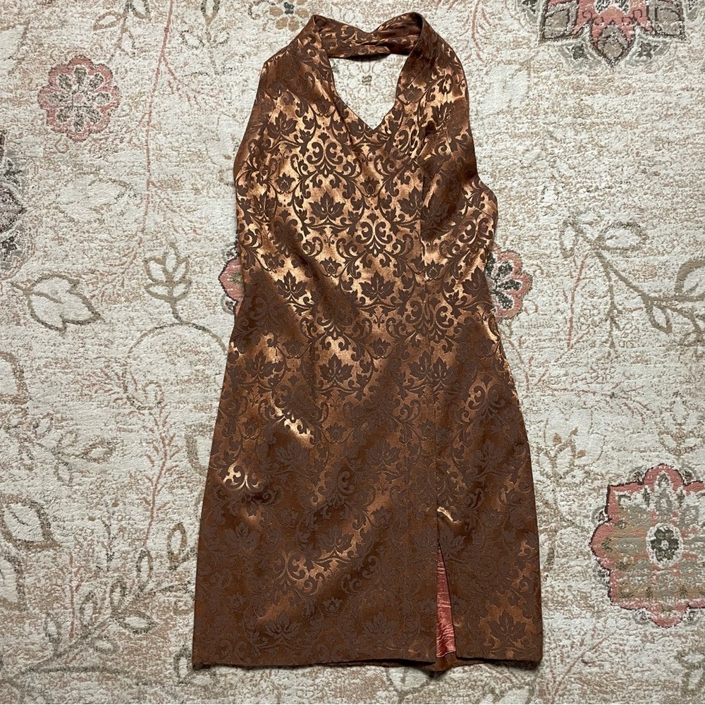Karen Millen England Brown Jaquard Mini Dress Size 8 Halter UK 12